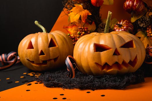 Two carved pumpkins with spooky faces set against an autumnal background for Halloween.